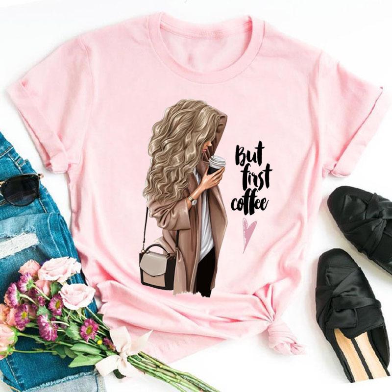 Summer Fashion Coffee Girl Urban Base Shirt Round Neck Pure Cotton Short Sleeved Women's T-Shirts Women’s