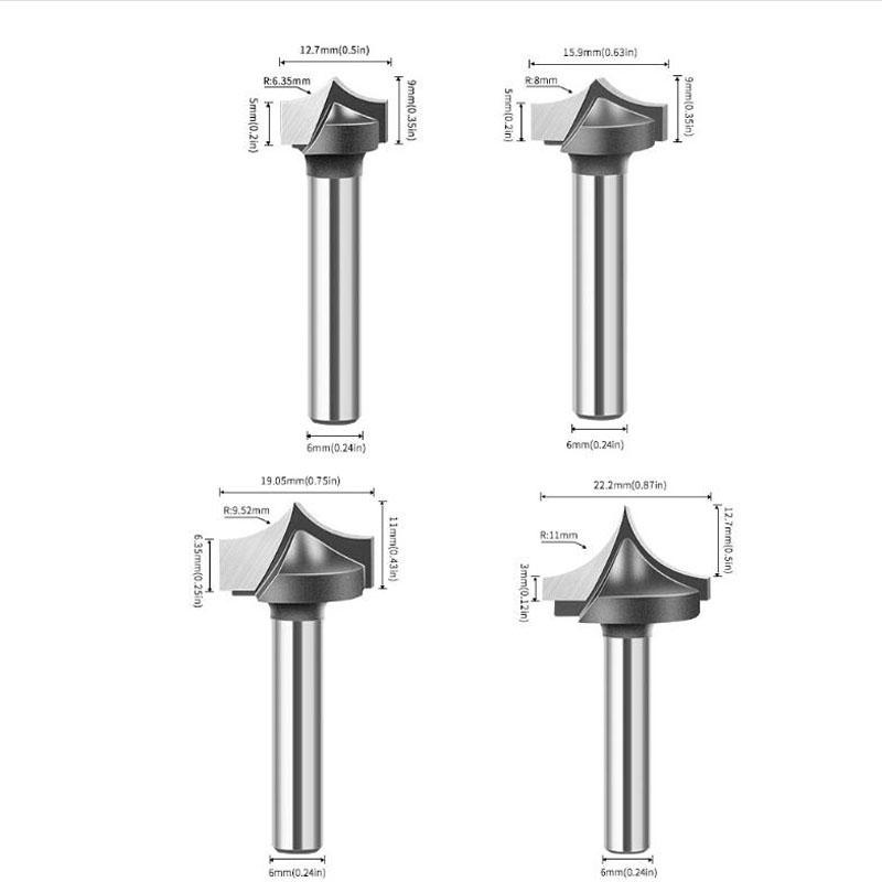 Carbură solidă, tăiată cu vârf rotund, bucăți cu nas rotund, scuturatoare, instrumente, freză pentru prelucrarea lemnului, tijă de 6 mm 1/4 inch