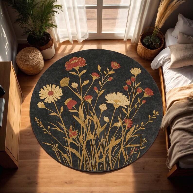 Floral Boho Round Rug – Modern Garden Print Non-Slip Mat for Living Room, Bedside or Entryway