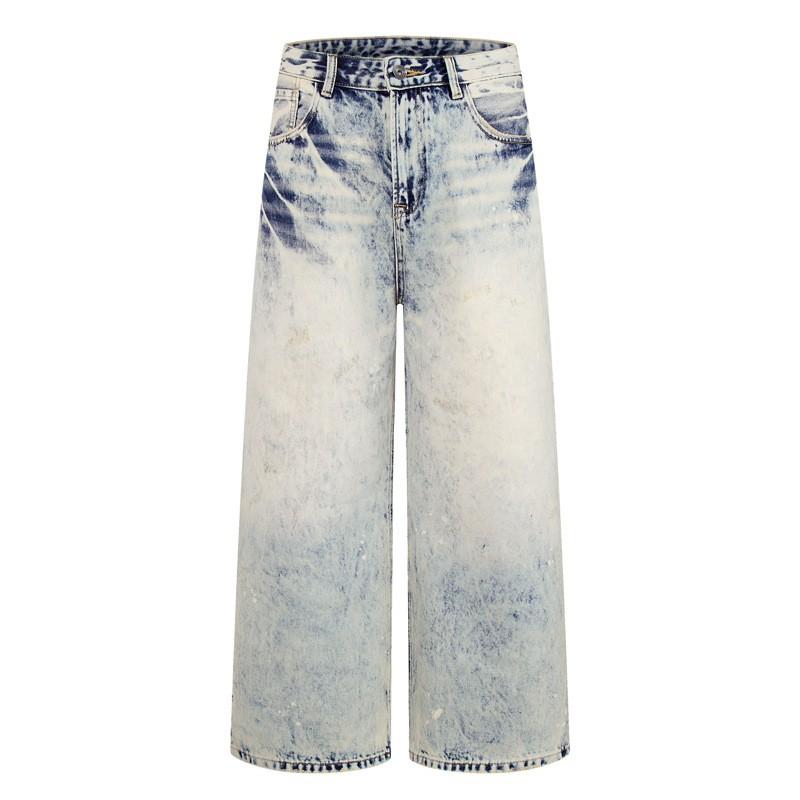 Unisex Relaxed Straight Leg Denim Jeans Water Washed Gradient Distressed Style Fall Casual Streetwear