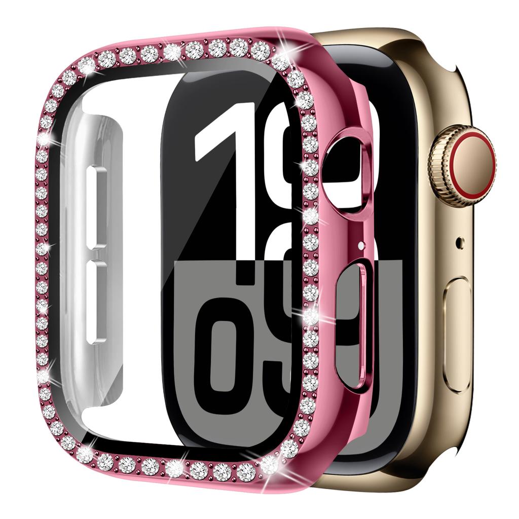 Glass+Diamonds PC Case For Apple Watch 10 46MM 42MM Accessories HD Tempered Screen Protector Hard Bumper iWatch Series 10 Cover