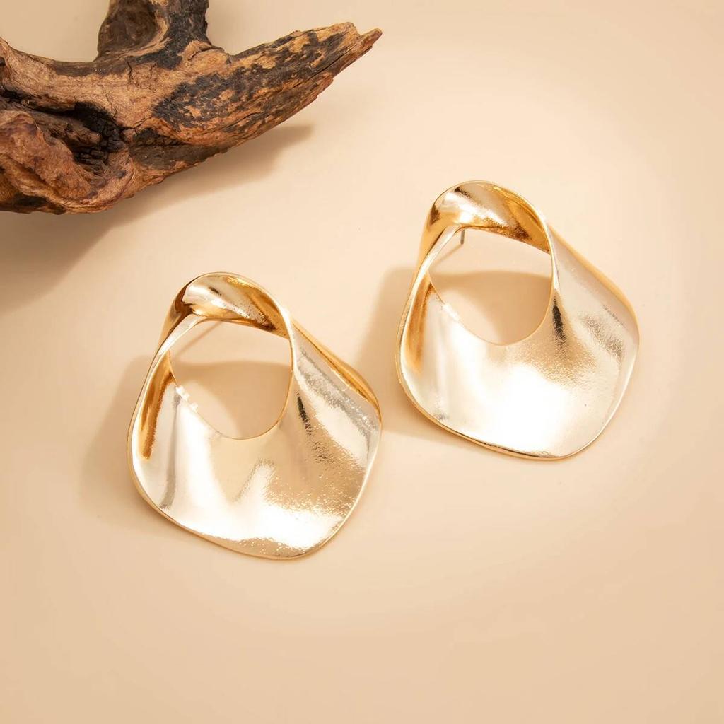 IngeSight.Z Exaggerated Irregular Geometric Pleated Metal Hollowed Stud Earring Women Trendy Piercing Earring Jewelry 2026 New