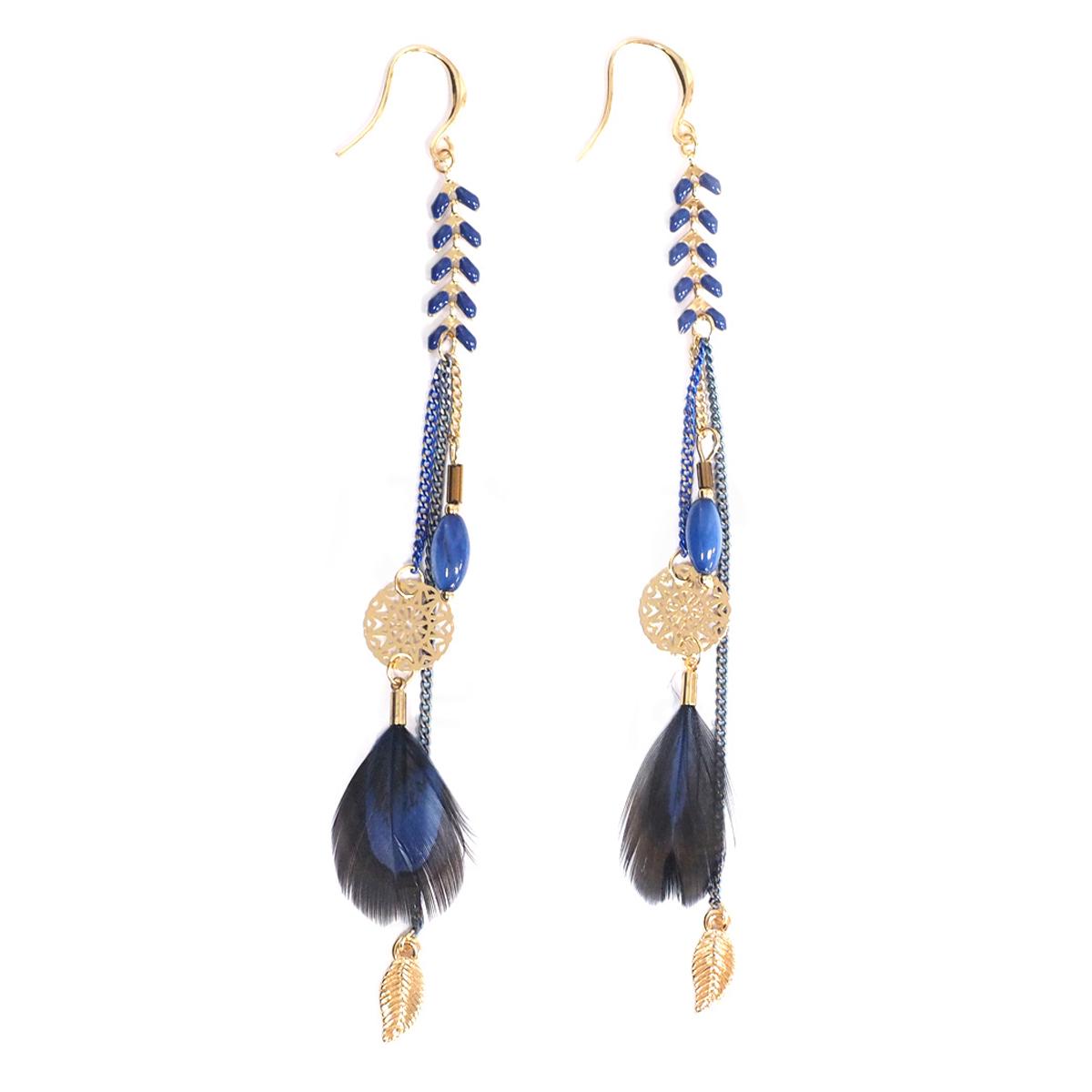 

Les Trésors De Lily [Q4966] - Boucles créateur Boho bleu doré - 11x1. 5 cm
