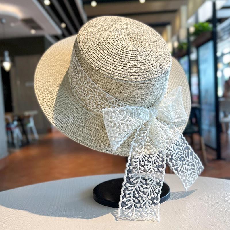 

New straw hat women s summer foreign style lace bow sunscreen sun hat outdoor beach hat sunshade straw hat M（56-58cm）