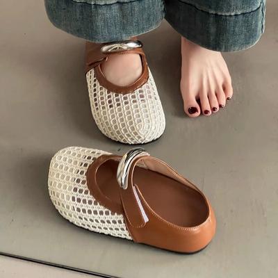 New Summer Fashion Low Heel Hollow Mary Jane Shoes Inner Height Increase Flat Bottom Woven Breathable Round Head Casual Hole Shoes