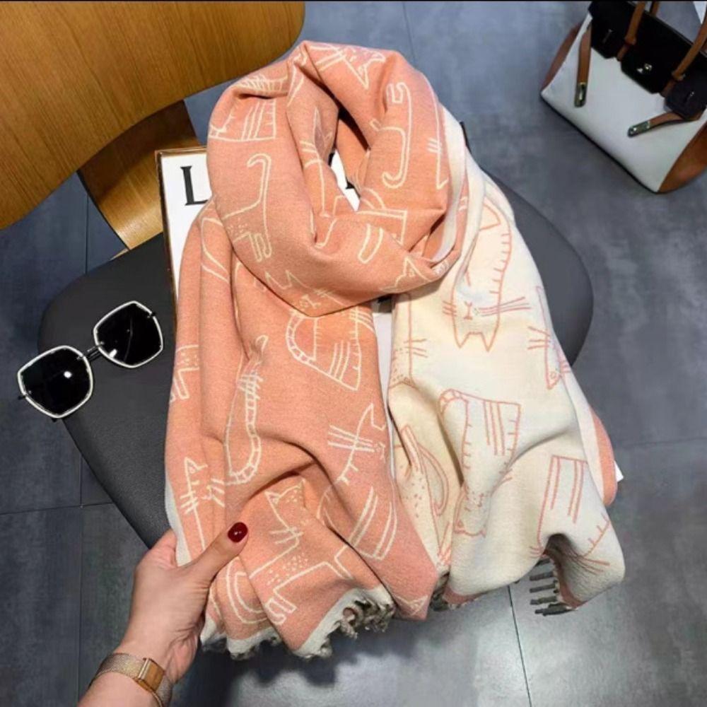 Korean Style Cat Knitted Scarf Thickened Cashmere Shawl Trendy Kitty Jacquard Weave Scarf  Winter