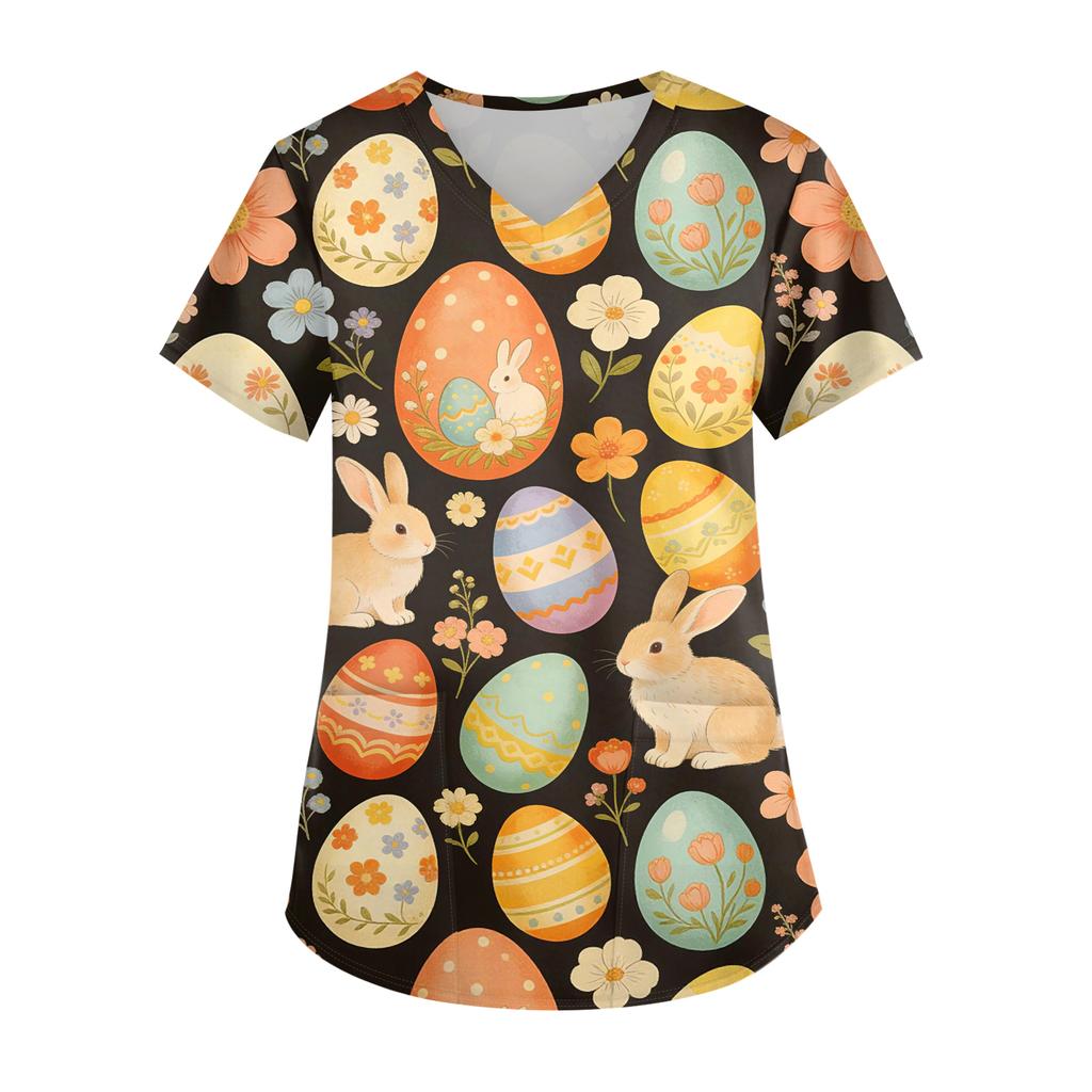 Ladies' Easter printed fashionable V-neck pocket short sleeved uniform and caregiver top