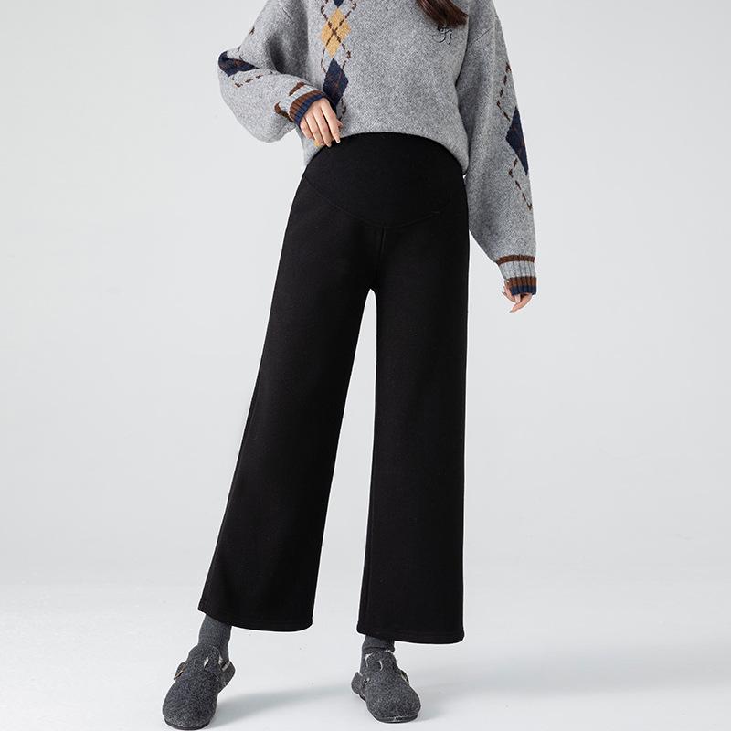 2025 New Style Fleece-Lined Cashmere Maternity Pants: Autumn/Winter Wide-Leg Design with Belly Support