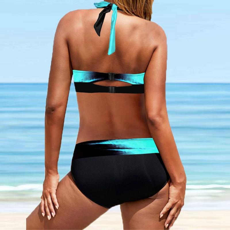 Traje de baño para mujer con cuello colgante y estampado tie dye azul, bikini corto sin mangas