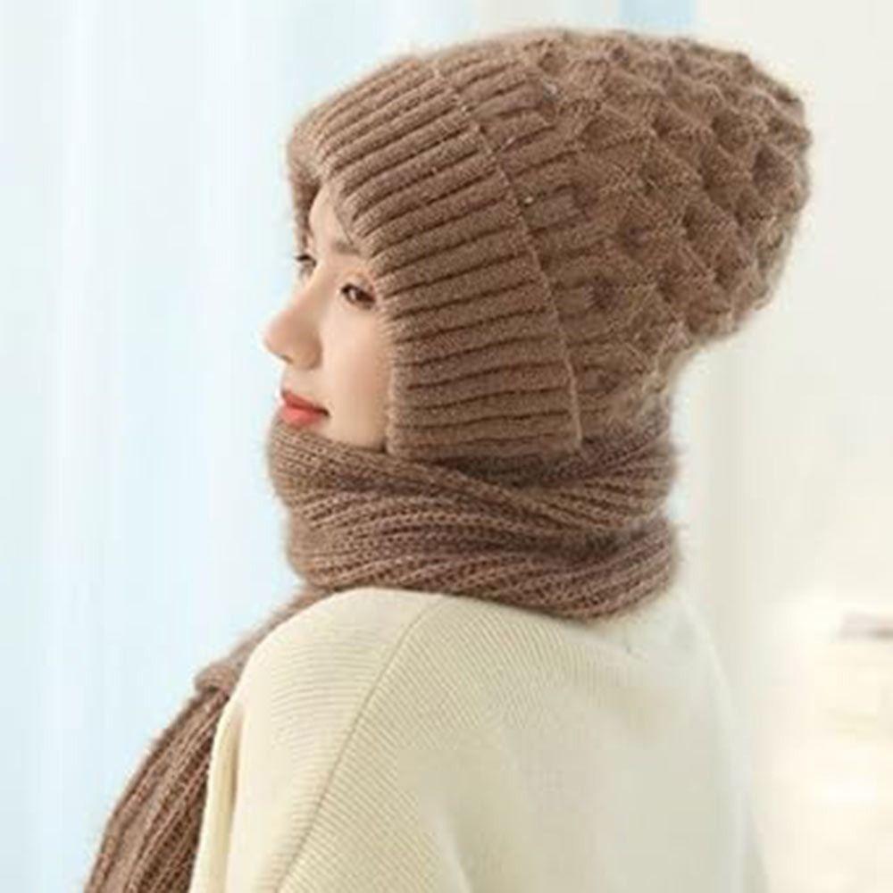 Windproof Hat Scarf Set Neck Warmer Knitted Hat  Scarf Fashion Integrated Ear Protection Cap  Woman