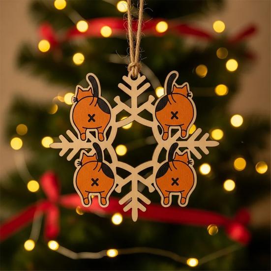 Cat Butt Snowflake Christmas Ornament Funny Cat Butt Wooden Xmas Tree Ornament Snowflake Shape Hanging Pendant for Tree Home Decor