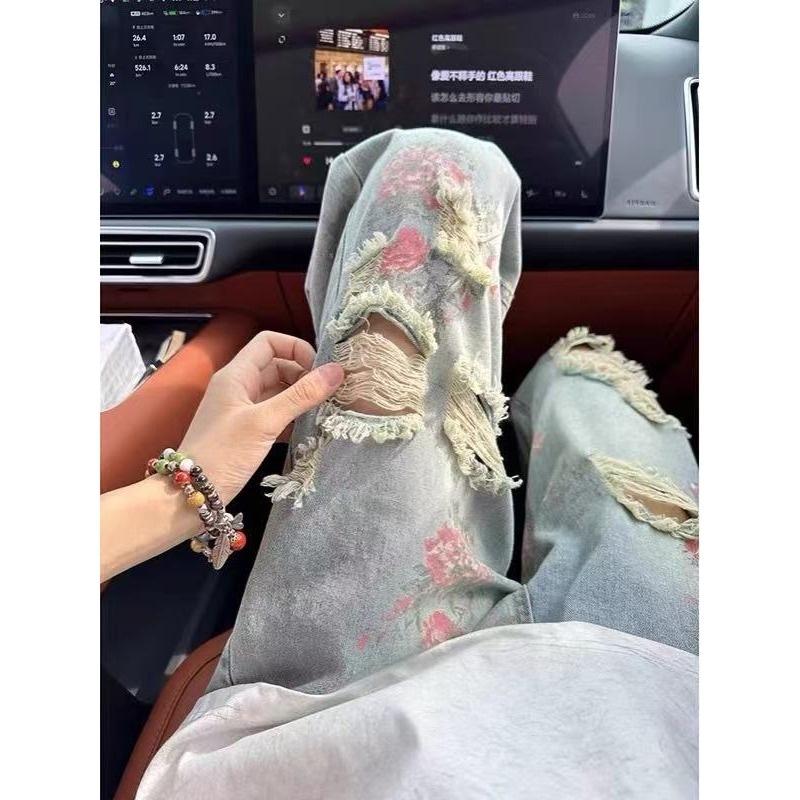 Full of Rose Flower Jeans Men's Spring American Retro Pants Lazy Wind Slack Wide Legs