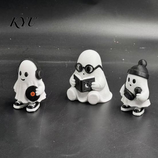 Creative Holiday Gift for Friends Cute Halloween Ghost Figurine, Holding Coffee/Book/Record Resin Statue, Desktop Ornaments Spooky Tabletop