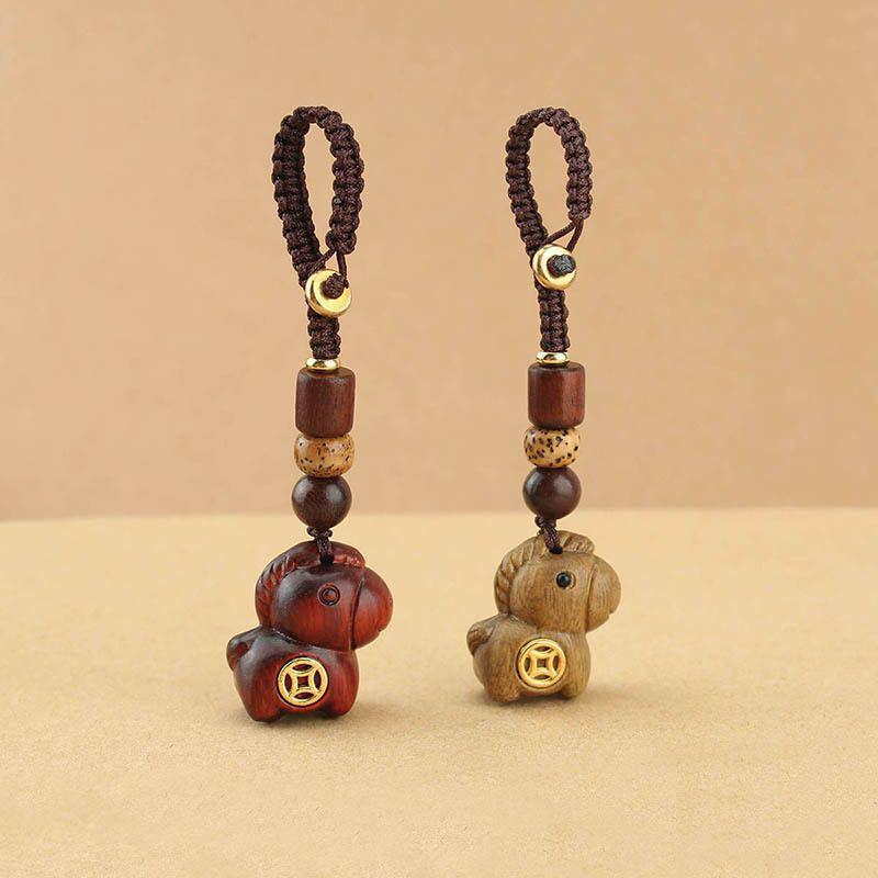 Chinese Style Sandalwood Horse Copper Coin Keychain & Phone Charm