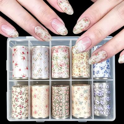 10Rolls Cute Mini Flower Nail Foil Transfer Stickers 3D Colorful Rose Daisy Starry Sky Paper Nail Decals Flower Transfer Sliders