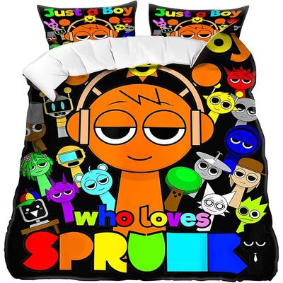 Sprunki Kinder Einzelbettwäsche-Set mit 2 Kissenbezügen 135 x 200 CM Bettbezug 3D-Druck Warme Geschenke für Spielefans