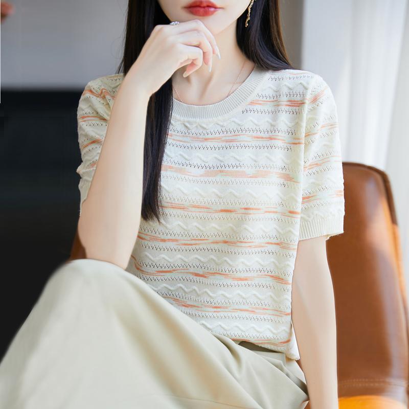 Women Knit T-shirt Summer Knitted Shirt Short Sleeve Tees O-neck Pullover Knit Tops Female