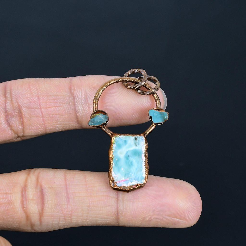 Larimar Pendant Gemstone Jewelry, Copper Electroformed Silver Pendant, Handmade Jewelry Birthstone Pendant, Gift For Him