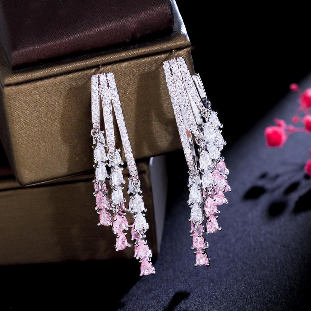 

Needle Light Luxury Multi-Layer Elegant Long Fringed Earrings Pink Zircon Inlaid Water Drop Earrings