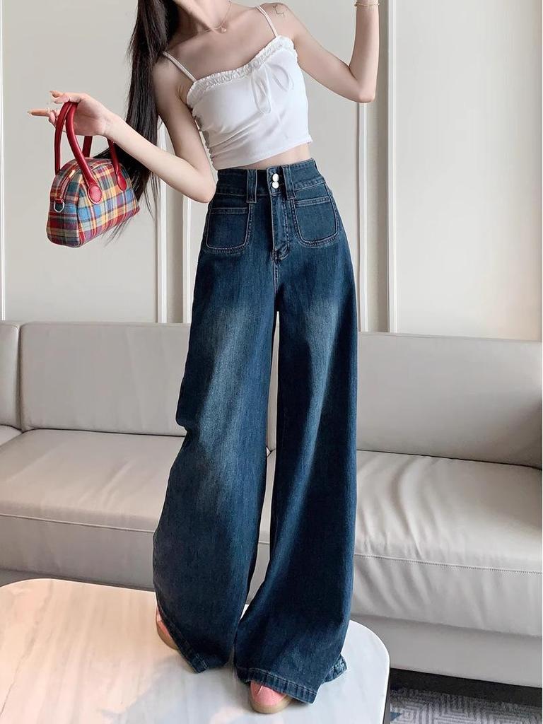 Petite Women's Retro Blue Wide-Leg Floor-Length Loose Jeans
