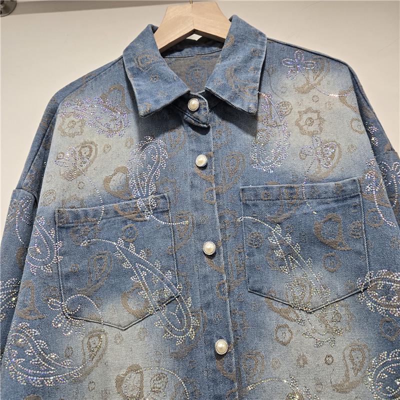 2026 European Spring Jacquard Rhinestone Denim Shirt - Casual Korean Style