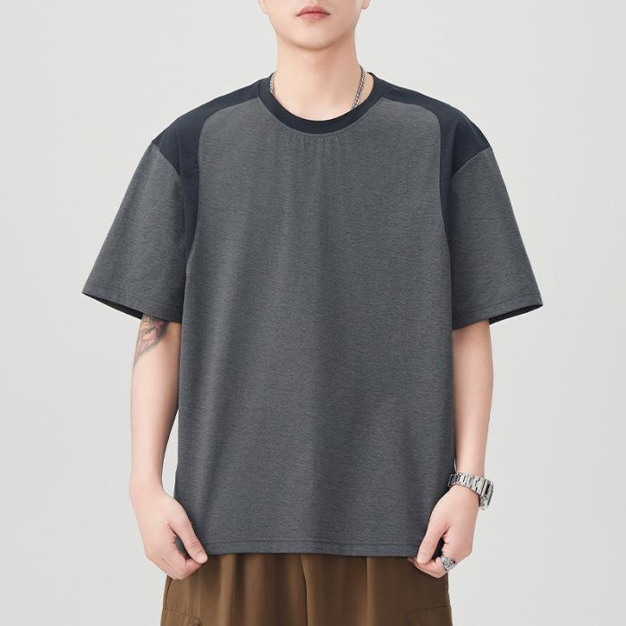 New Summer Color-blocking Short-sleeved T-shirt for Men's Japanese Retro Loose Five-point Sleeve Casual