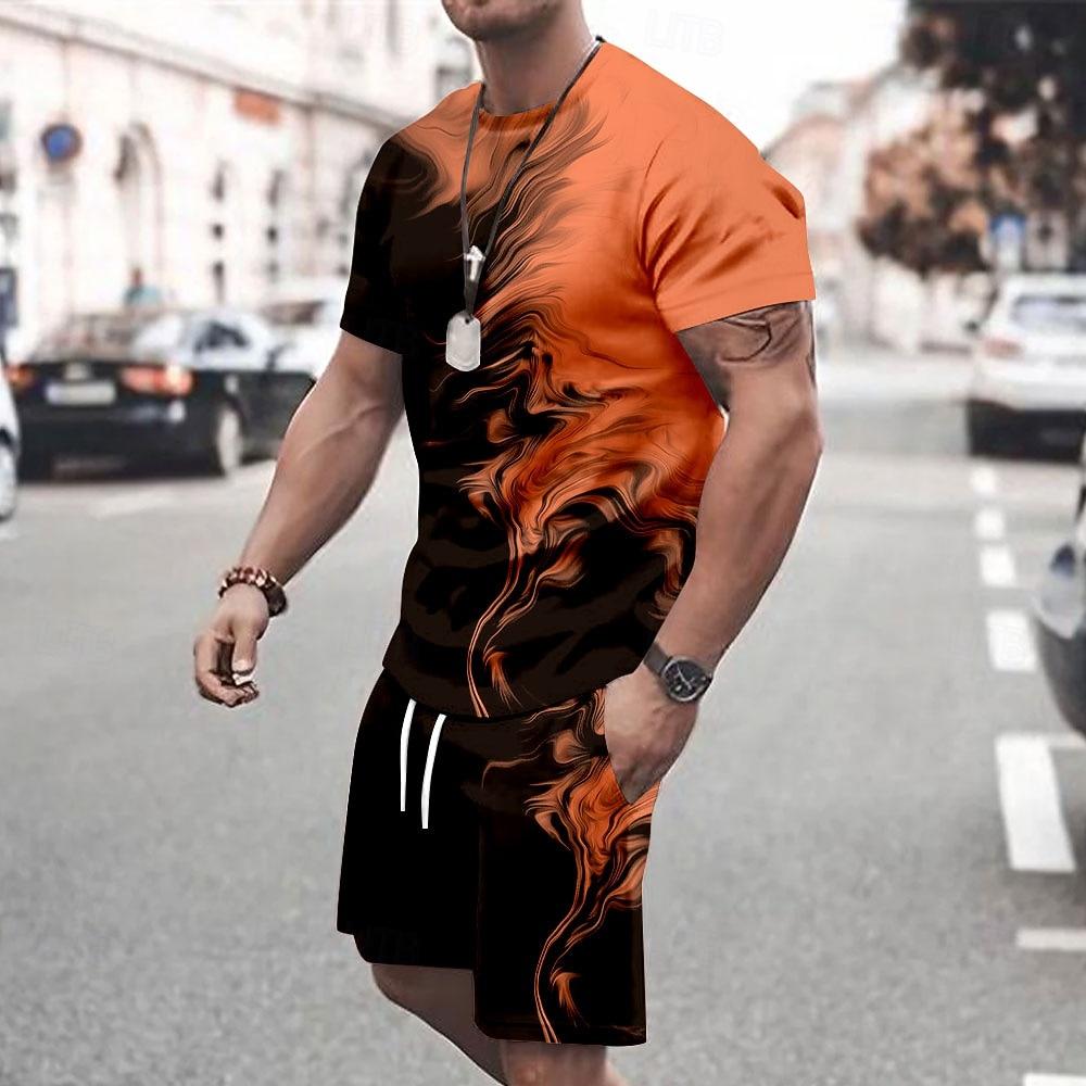 Men's splatter 2pcs Tees Summer Tops Short Sleeve Short Pants Crew Neck Sport sets