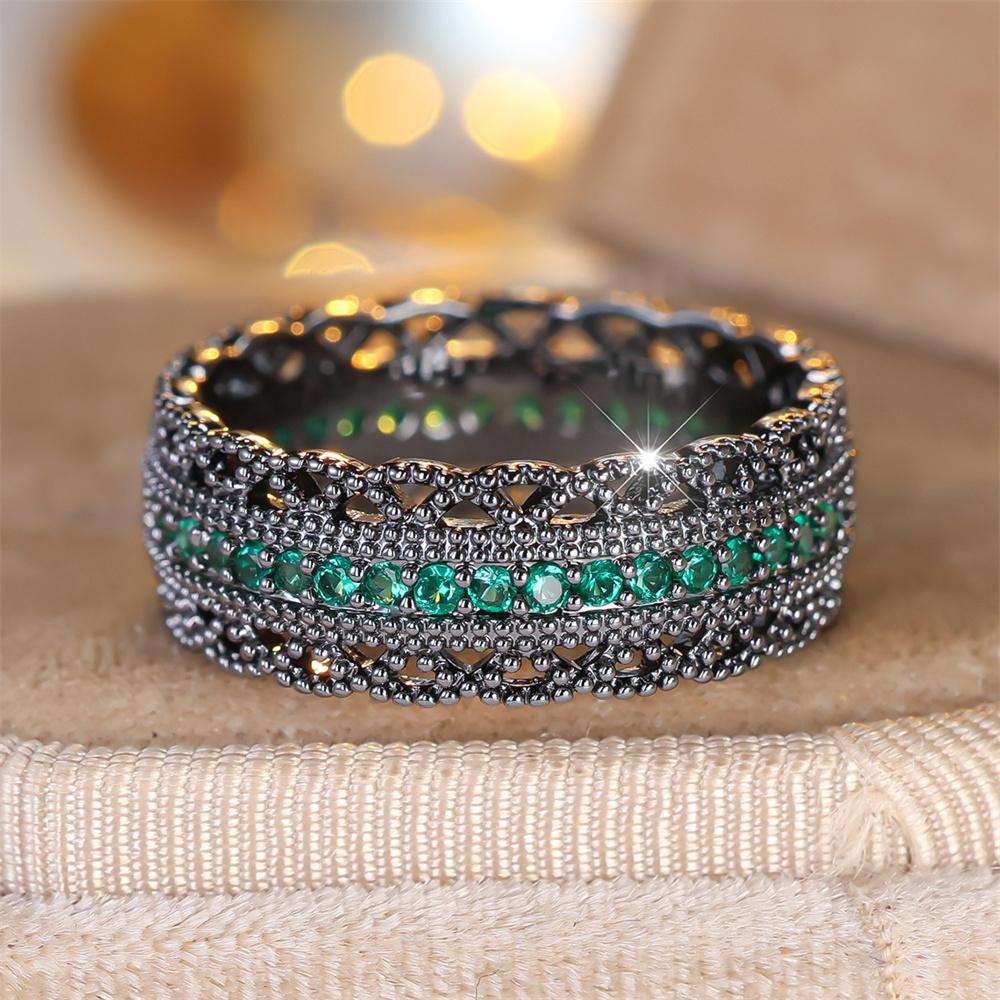 Single Row Green Zircon Small Round Stone Rings For Women Vintage Trendy Black Metal Engagement Ring Wedding Jewelry Bridal Gift