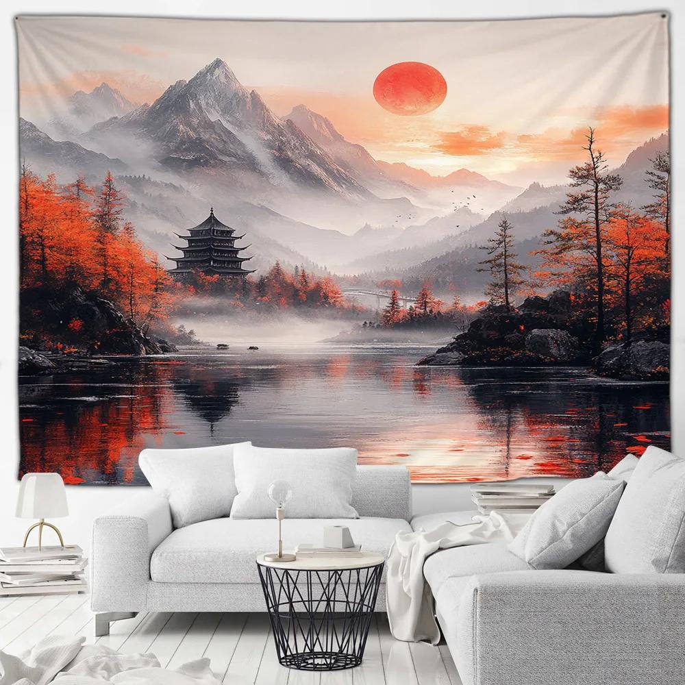 Cherry Blossom Mountain Wall Tapestry Japanese Art Print Boho Decor For Bedroom Living Room Zen Theme Home Interior Hanging