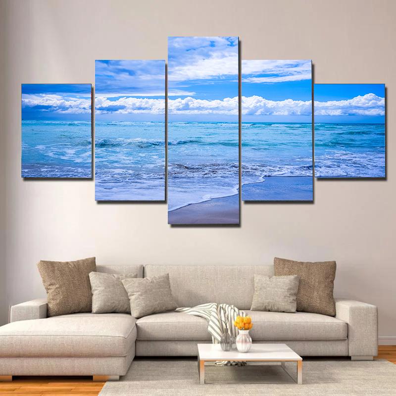 5 pieces Seaside Landscape Canvas Painting, Sunrise, Sunset, Coconut Trees and Ocean Waves, For Home Room Hotel Decor, No Frame