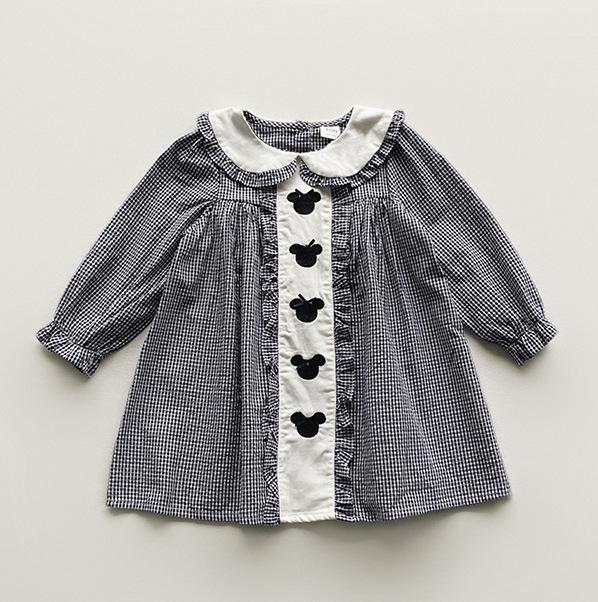 Spring Girls Plaid Dress With Cartoon Embroidery Peter Pan Collar And Bow Long Sleeve Princess Dress For Kids