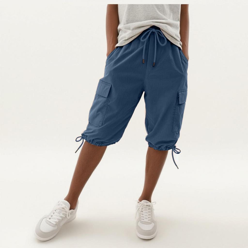 Womens Shorts Knee Length Linen Elastic Waist Drawstring Shorts Summer Pants With Pockets