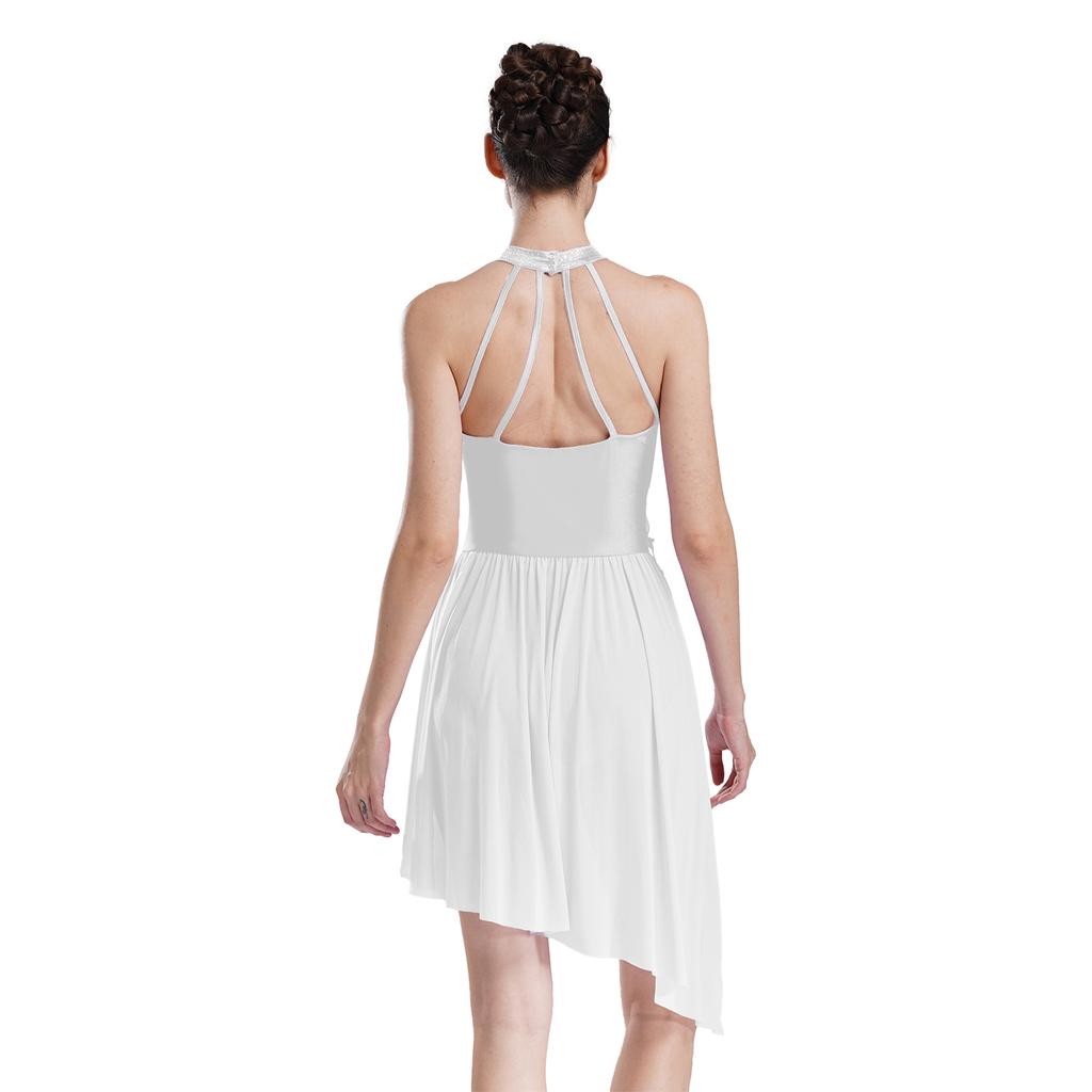 Damen Performance Turnanzug Kleid Neckholder Träger Rücken Asymmetrischer Saum Glänzende Strasssteine Bühnen Wettbewerbskostüm