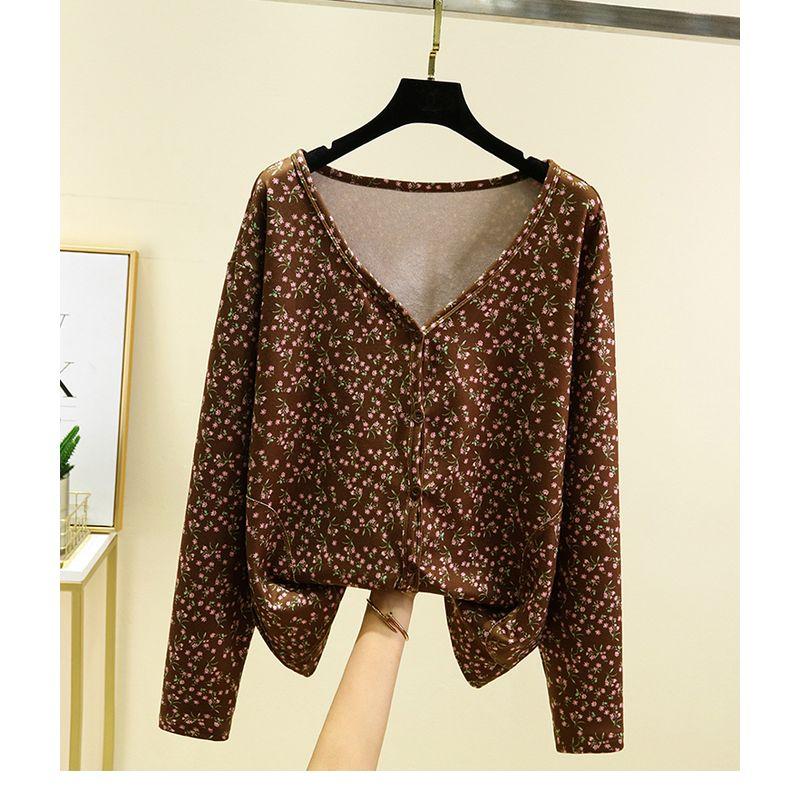 

Dralon Floral Cardigan Plus Size Easiest for Match Buckle Short Coat Outwear Fleece-lined Cold-Proof for Middle-Aged and Elderly Casual Tops Dark brown L (Recommendation 40.00 kg-60.00 kg