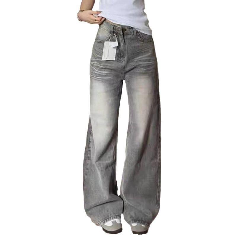 Women's Trendy Vintage Washed Grey Tie-Dye Micro-Flare Jeans with Loose Casual Straight Leg Drape