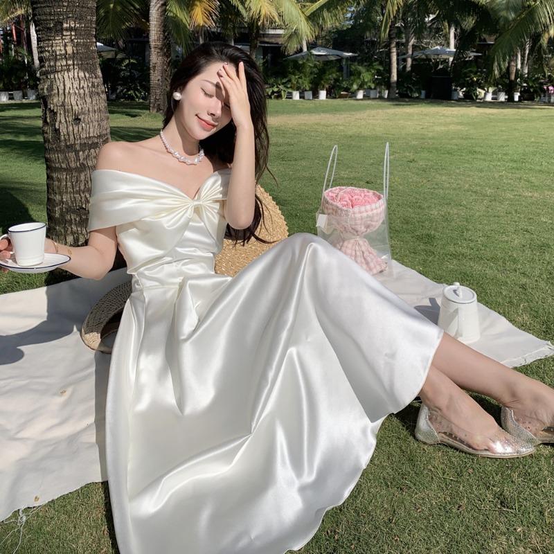 French Niche Dress, Women Can Usually Wear Fairy Dresses, Bow Ties, One-word Neck Tube Top, Photo Long Dress