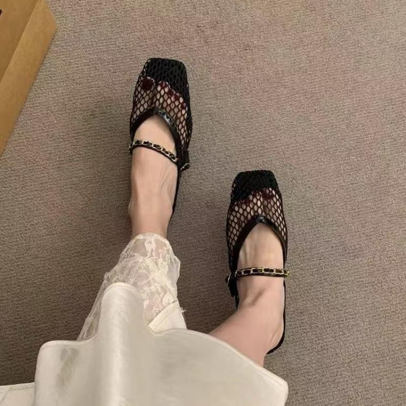 Fashion New Retro Flat Shoes Summer New Square Toe Fishing Net Breathable Hollow Outside Wear Slip-on Baotou Half Slippers