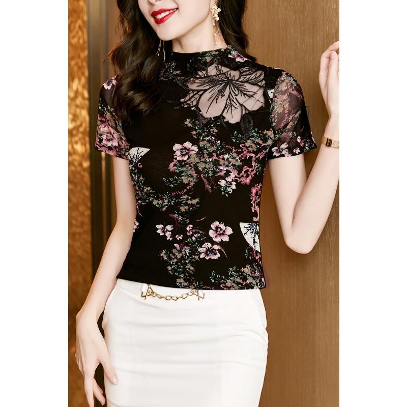 

Кружевная футболка с полуводолазкой для женщин на весну и лето, новый топ с принтом, замедляющий старение, сетчатая рубашка, модная маленькая рубашка 3XL