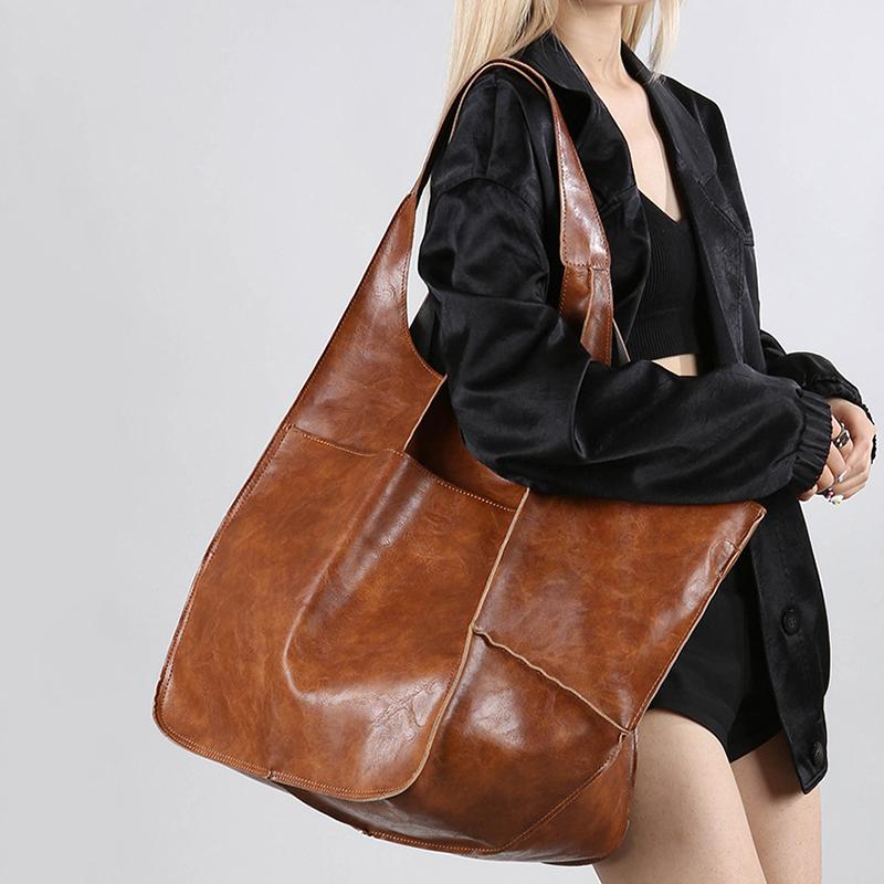 Retro Super Big Shoulder Bag Female Solid Color Hand Bags For Women Soft Leather Casual Shopper Underarm Tote Bag