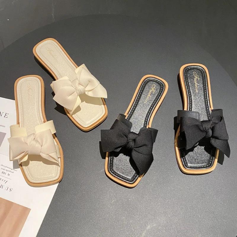 2024 Women's Slippers Luxury Design Interior Fashion Casual Sandals Comfortable Bow Flat Flat Women's Slippers