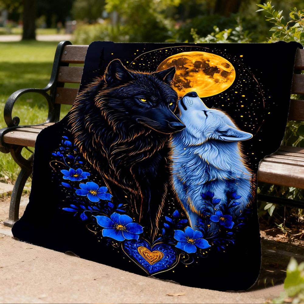 1pc Wolf Flowers Heart Throw Blanket Polyester Fiber, Lightweight Flannel, Soft & Warm, All Season Use for Outdoor, Camping Digital Print