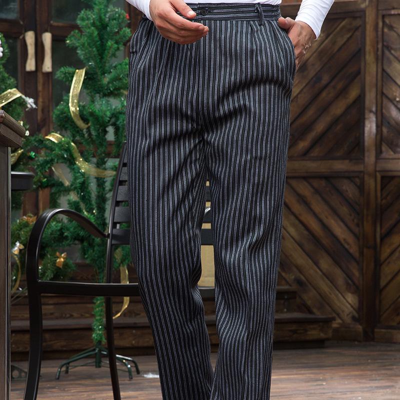 Men's Loose Straight-Leg Cotton Work Pants - Striped Kitchen Waiter Trousers