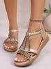 Fashion Bohemian Rhinestone Soft-soled Sandals for Women's Fashion Wear with Wedge Heels and Versatile Flat Beach Shoes