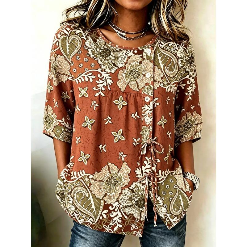 Women's Spring Summer Drawstring Blouse, Boho Paisley & Floral Patchwork Print Casual Tops for Daily Street Holiday Outfit