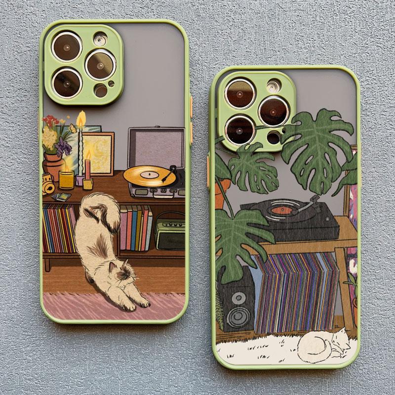 Cartoon Home Furnishing Table Cat Phone Case For iPhone 15 14 13 12 11 Pro Max Mini SE2 15 14 8 7 Plus X XR XS Shockproof Covers