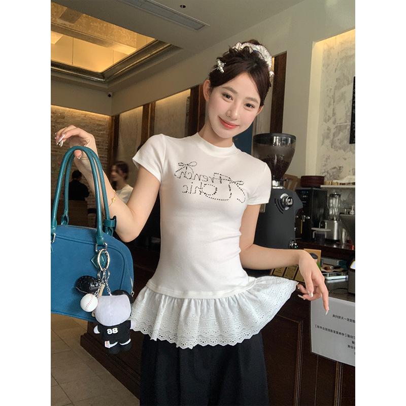 

French Niche Ballet Style Slim Fit T-Shirt with Unique Letter Design and Rhinestone Accents L Premium білий