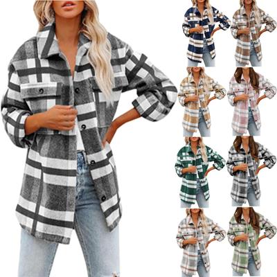 Women's Button Down Casual Long Sleeved Plaid Shacket Jacket With Pockets Coat