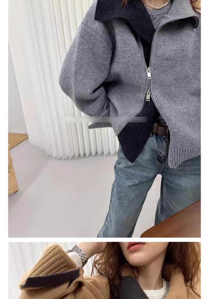 2024 Women's High Neck Asymmetrical Zipper Wool Cardigan - Cozy Loose Fit Sweater Jacket for Autumn/Winter, Korean Lazy Style