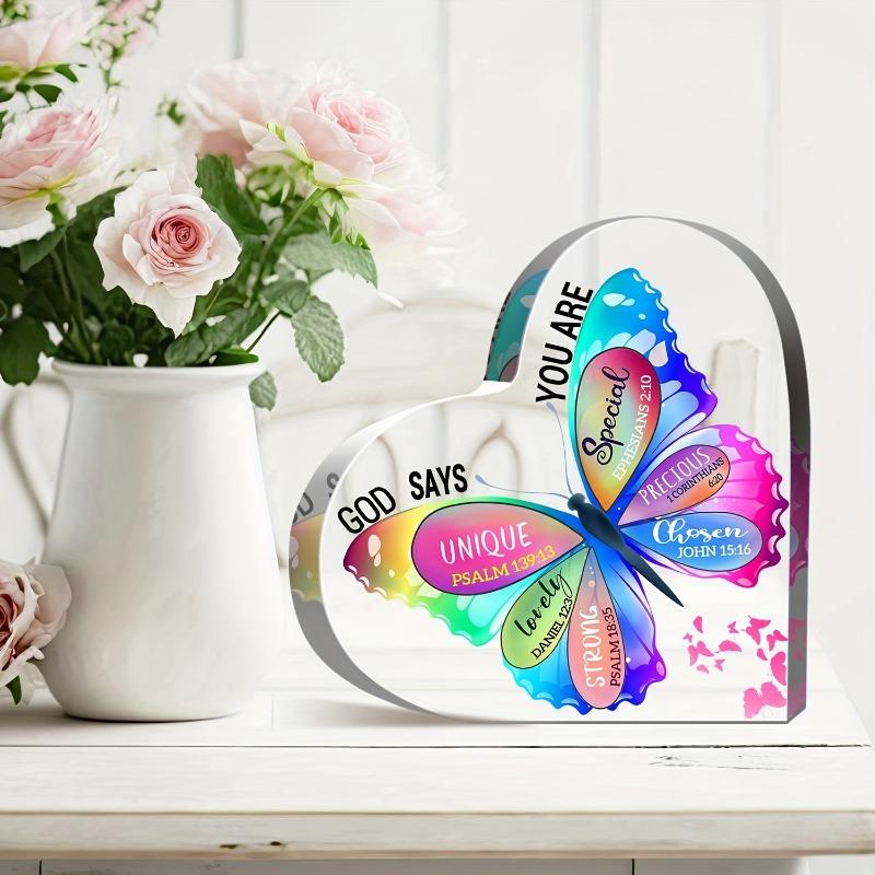 2D Fla Colorful Butterfly Acrylic Heart Decoration Plaque, Inspirational Faith Gift, Suitable for Wall Decoration, Porch, Room, Villa, Accents Home, H