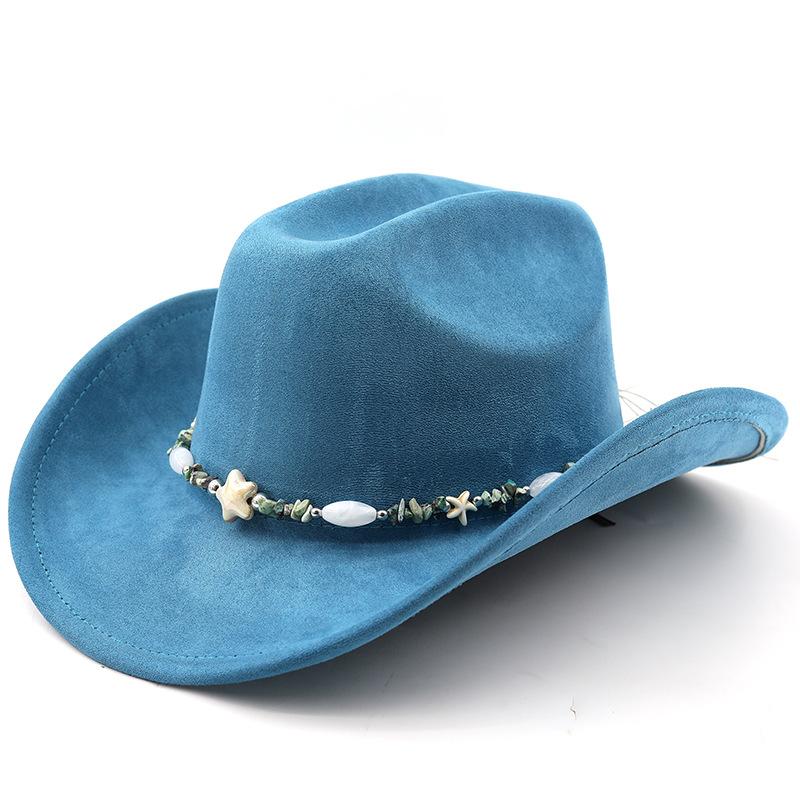 Western suede upturned edge Western cowboy hat Men's and women's outdoor travel hat Rolled brim Ethnic style top hat Felt hat
